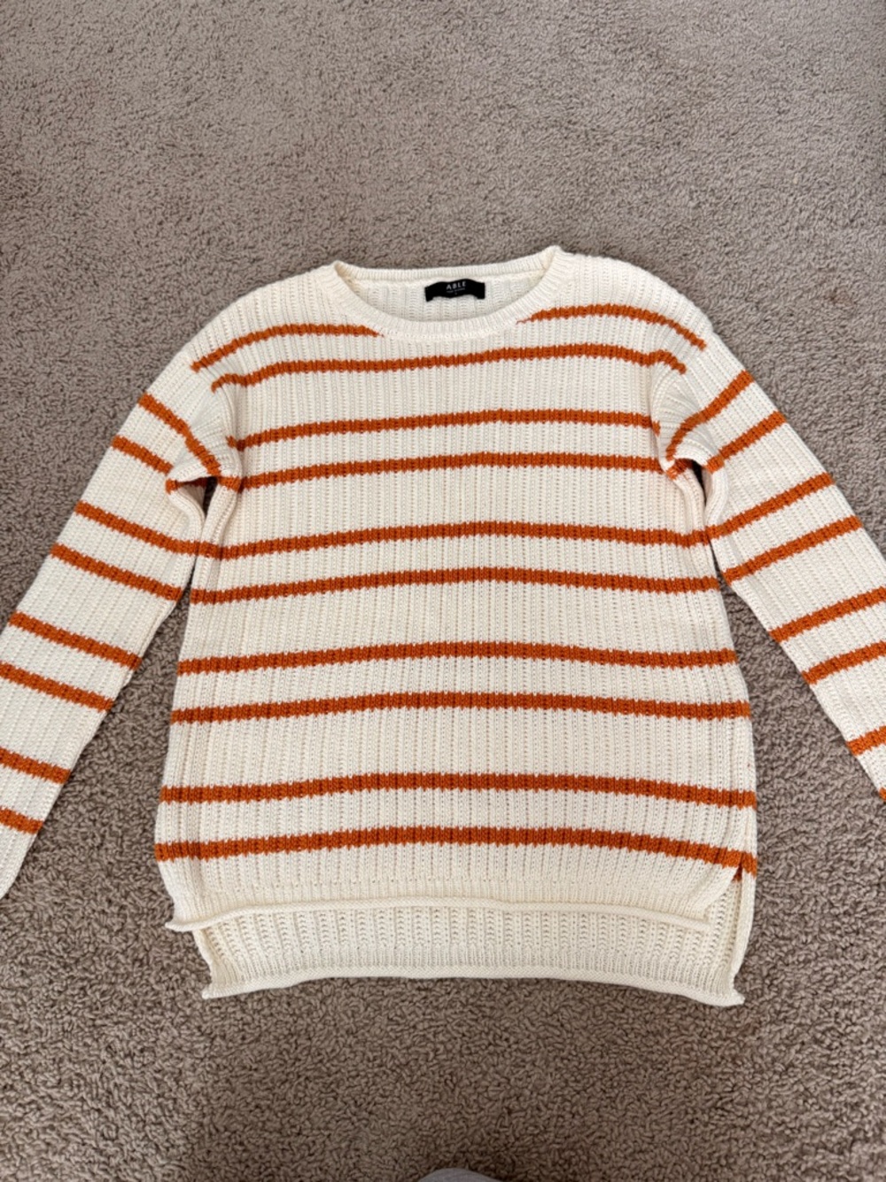 Able Cream and Orange Striped Crewneck Sweater